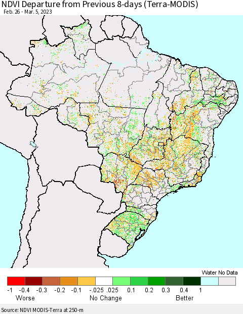 Brazil NDVI Departure from Previous 8-days (Terra-MODIS) Thematic Map For 2/26/2023 - 3/5/2023