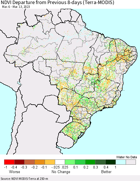 Brazil NDVI Departure from Previous 8-days (Terra-MODIS) Thematic Map For 3/6/2023 - 3/13/2023