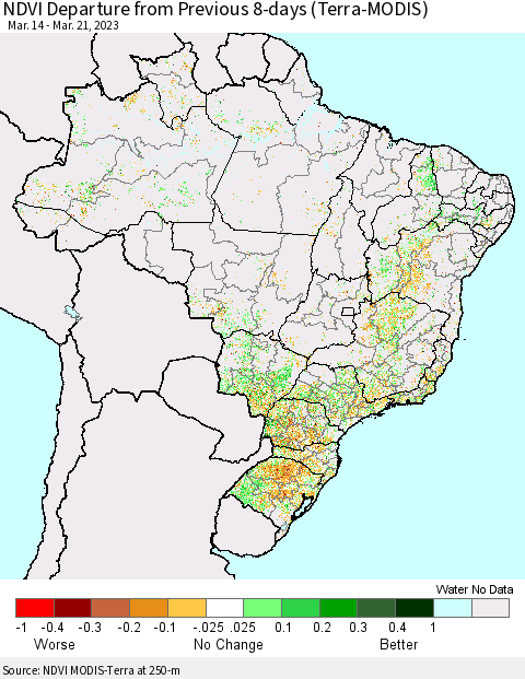 Brazil NDVI Departure from Previous 8-days (Terra-MODIS) Thematic Map For 3/14/2023 - 3/21/2023