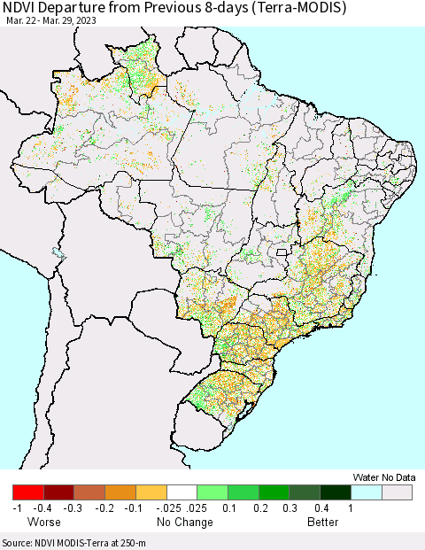 Brazil NDVI Departure from Previous 8-days (Terra-MODIS) Thematic Map For 3/22/2023 - 3/29/2023