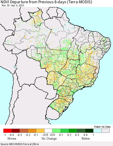 Brazil NDVI Departure from Previous 8-days (Terra-MODIS) Thematic Map For 3/30/2023 - 4/6/2023