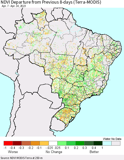 Brazil NDVI Departure from Previous 8-days (Terra-MODIS) Thematic Map For 4/7/2023 - 4/14/2023