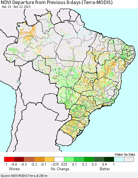 Brazil NDVI Departure from Previous 8-days (Terra-MODIS) Thematic Map For 4/15/2023 - 4/22/2023