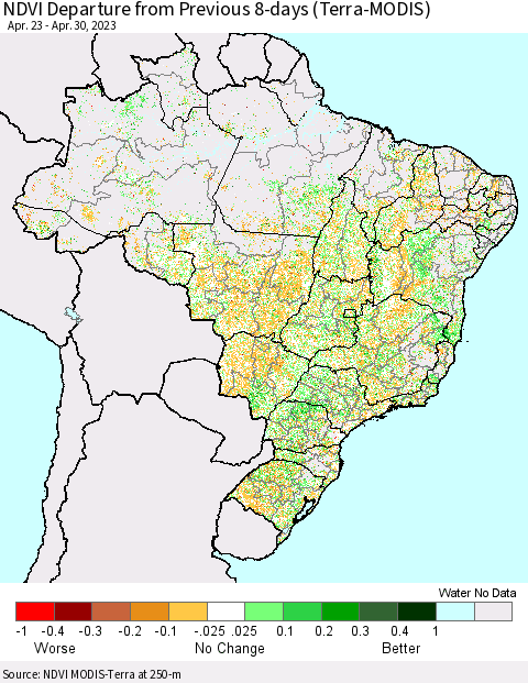 Brazil NDVI Departure from Previous 8-days (Terra-MODIS) Thematic Map For 4/23/2023 - 4/30/2023