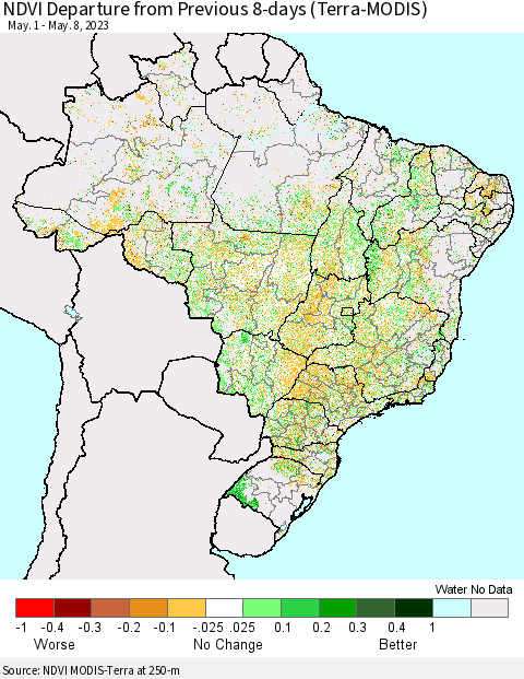 Brazil NDVI Departure from Previous 8-days (Terra-MODIS) Thematic Map For 5/1/2023 - 5/8/2023