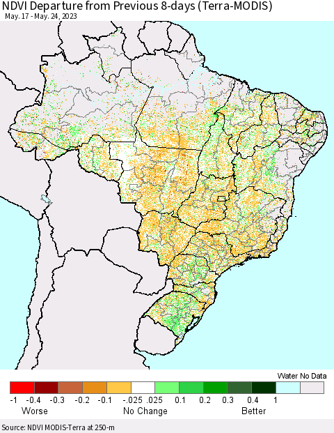 Brazil NDVI Departure from Previous 8-days (Terra-MODIS) Thematic Map For 5/17/2023 - 5/24/2023