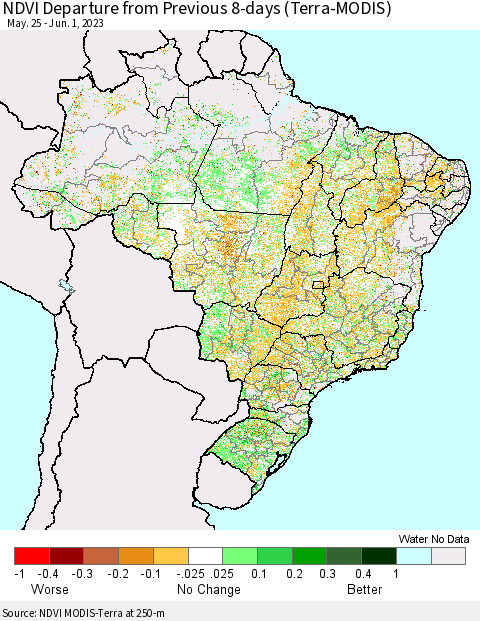 Brazil NDVI Departure from Previous 8-days (Terra-MODIS) Thematic Map For 5/25/2023 - 6/1/2023