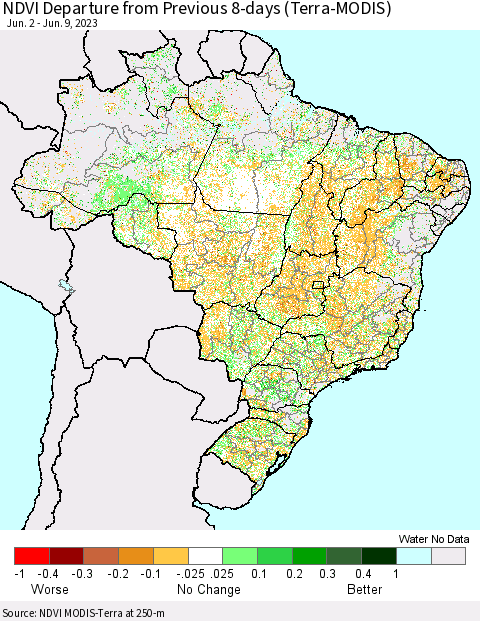 Brazil NDVI Departure from Previous 8-days (Terra-MODIS) Thematic Map For 6/2/2023 - 6/9/2023