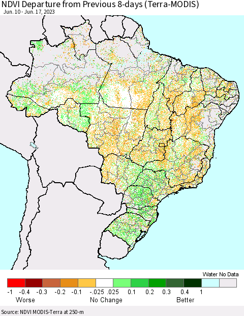 Brazil NDVI Departure from Previous 8-days (Terra-MODIS) Thematic Map For 6/10/2023 - 6/17/2023