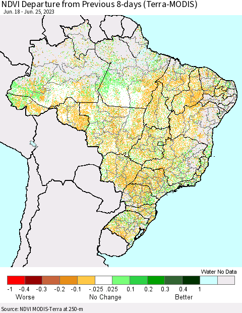 Brazil NDVI Departure from Previous 8-days (Terra-MODIS) Thematic Map For 6/18/2023 - 6/25/2023