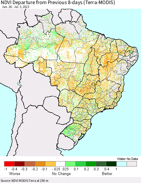 Brazil NDVI Departure from Previous 8-days (Terra-MODIS) Thematic Map For 6/26/2023 - 7/3/2023