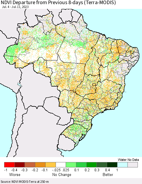 Brazil NDVI Departure from Previous 8-days (Terra-MODIS) Thematic Map For 7/4/2023 - 7/11/2023