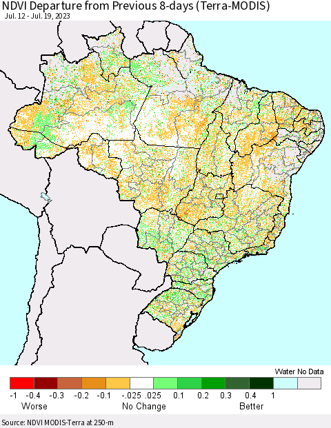 Brazil NDVI Departure from Previous 8-days (Terra-MODIS) Thematic Map For 7/12/2023 - 7/19/2023