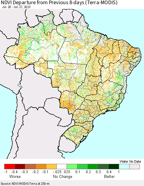 Brazil NDVI Departure from Previous 8-days (Terra-MODIS) Thematic Map For 7/20/2023 - 7/27/2023