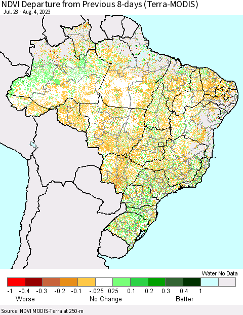 Brazil NDVI Departure from Previous 8-days (Terra-MODIS) Thematic Map For 7/28/2023 - 8/4/2023