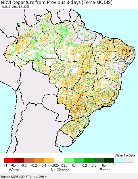 Brazil NDVI Departure from Previous 8-days (Terra-MODIS) Thematic Map For 8/5/2023 - 8/12/2023