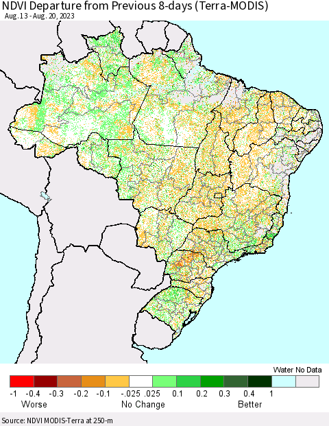Brazil NDVI Departure from Previous 8-days (Terra-MODIS) Thematic Map For 8/13/2023 - 8/20/2023