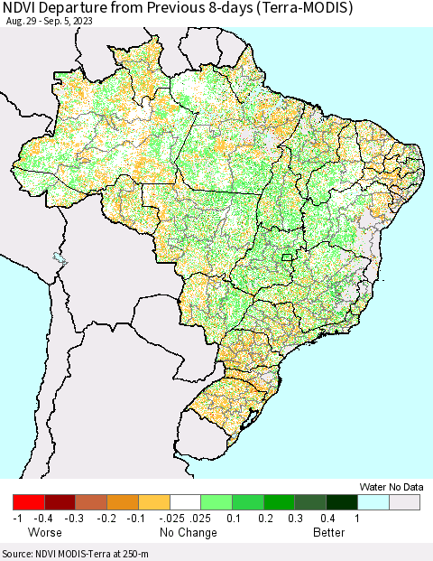 Brazil NDVI Departure from Previous 8-days (Terra-MODIS) Thematic Map For 8/29/2023 - 9/5/2023