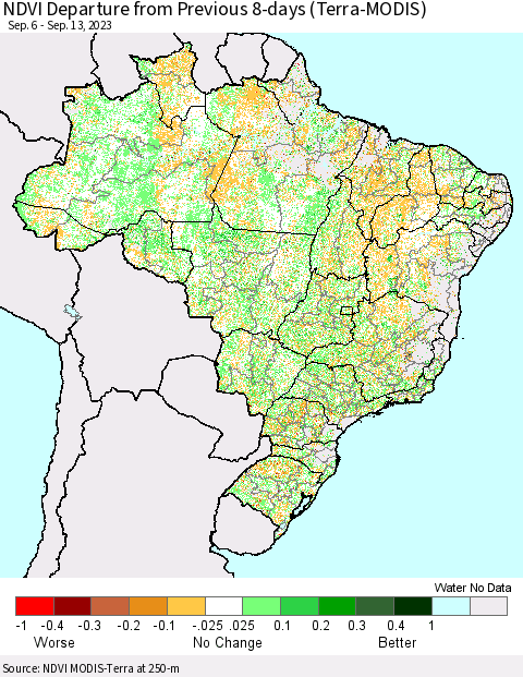 Brazil NDVI Departure from Previous 8-days (Terra-MODIS) Thematic Map For 9/6/2023 - 9/13/2023