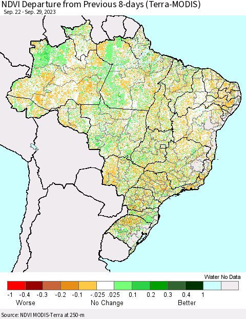 Brazil NDVI Departure from Previous 8-days (Terra-MODIS) Thematic Map For 9/22/2023 - 9/29/2023