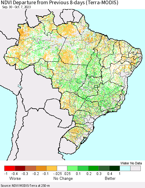Brazil NDVI Departure from Previous 8-days (Terra-MODIS) Thematic Map For 9/30/2023 - 10/7/2023