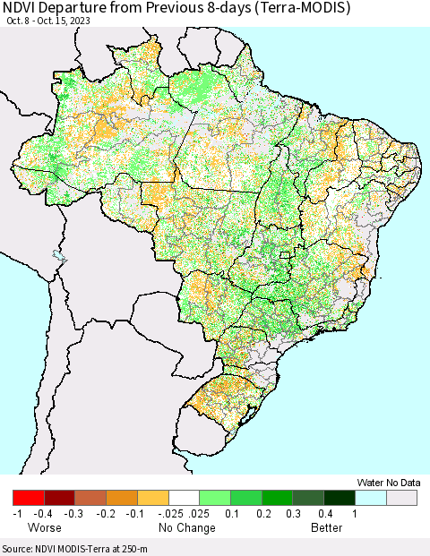 Brazil NDVI Departure from Previous 8-days (Terra-MODIS) Thematic Map For 10/8/2023 - 10/15/2023