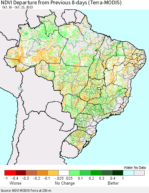 Brazil NDVI Departure from Previous 8-days (Terra-MODIS) Thematic Map For 10/16/2023 - 10/23/2023