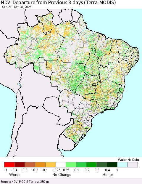 Brazil NDVI Departure from Previous 8-days (Terra-MODIS) Thematic Map For 10/24/2023 - 10/31/2023
