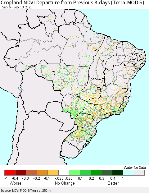 Brazil Cropland NDVI Departure from Previous 8-days (Terra-MODIS) Thematic Map For 9/6/2021 - 9/13/2021