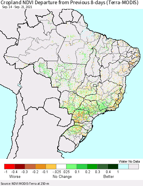 Brazil Cropland NDVI Departure from Previous 8-days (Terra-MODIS) Thematic Map For 9/14/2021 - 9/21/2021