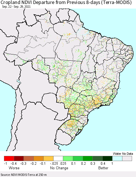 Brazil Cropland NDVI Departure from Previous 8-days (Terra-MODIS) Thematic Map For 9/22/2021 - 9/29/2021
