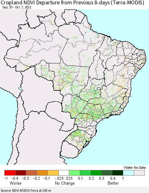 Brazil Cropland NDVI Departure from Previous 8-days (Terra-MODIS) Thematic Map For 9/30/2021 - 10/7/2021