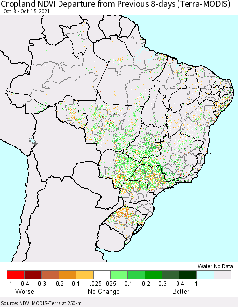 Brazil Cropland NDVI Departure from Previous 8-days (Terra-MODIS) Thematic Map For 10/8/2021 - 10/15/2021