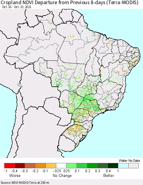 Brazil Cropland NDVI Departure from Previous 8-days (Terra-MODIS) Thematic Map For 10/16/2021 - 10/23/2021