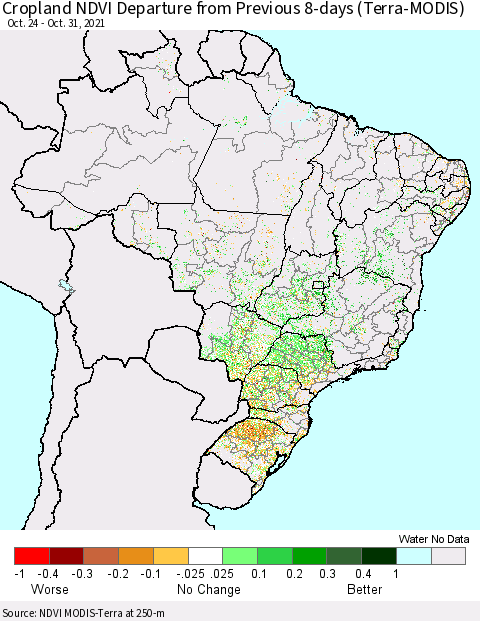 Brazil Cropland NDVI Departure from Previous 8-days (Terra-MODIS) Thematic Map For 10/24/2021 - 10/31/2021