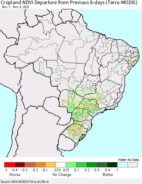 Brazil Cropland NDVI Departure from Previous 8-days (Terra-MODIS) Thematic Map For 11/1/2021 - 11/8/2021
