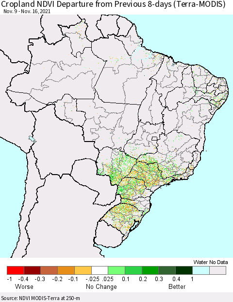 Brazil Cropland NDVI Departure from Previous 8-days (Terra-MODIS) Thematic Map For 11/9/2021 - 11/16/2021