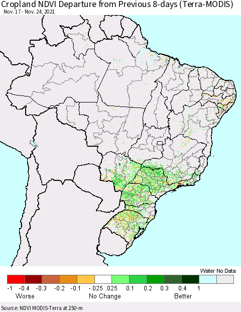 Brazil Cropland NDVI Departure from Previous 8-days (Terra-MODIS) Thematic Map For 11/17/2021 - 11/24/2021