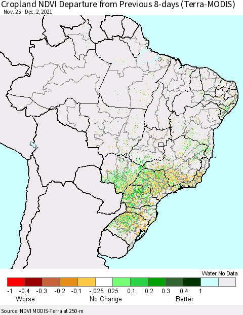Brazil Cropland NDVI Departure from Previous 8-days (Terra-MODIS) Thematic Map For 11/25/2021 - 12/2/2021
