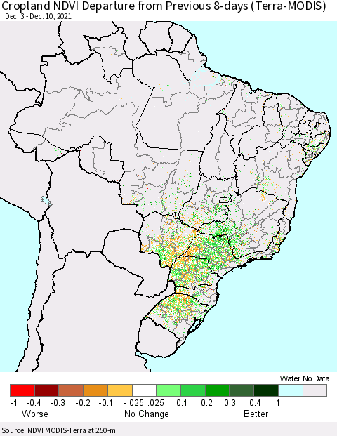 Brazil Cropland NDVI Departure from Previous 8-days (Terra-MODIS) Thematic Map For 12/3/2021 - 12/10/2021