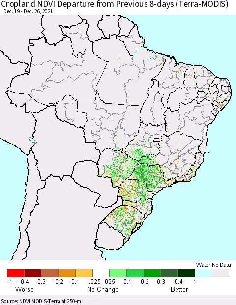 Brazil Cropland NDVI Departure from Previous 8-days (Terra-MODIS) Thematic Map For 12/19/2021 - 12/26/2021