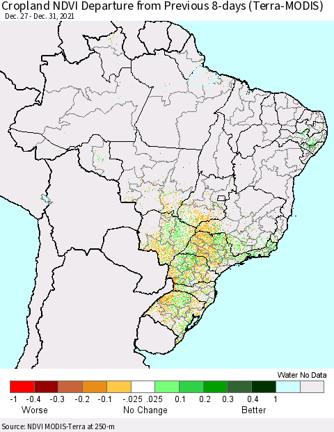 Brazil Cropland NDVI Departure from Previous 8-days (Terra-MODIS) Thematic Map For 12/26/2021 - 1/2/2022