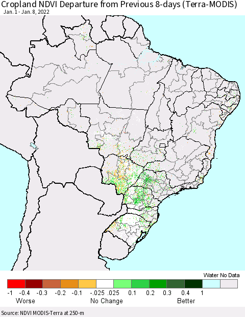 Brazil Cropland NDVI Departure from Previous 8-days (Terra-MODIS) Thematic Map For 1/1/2022 - 1/8/2022