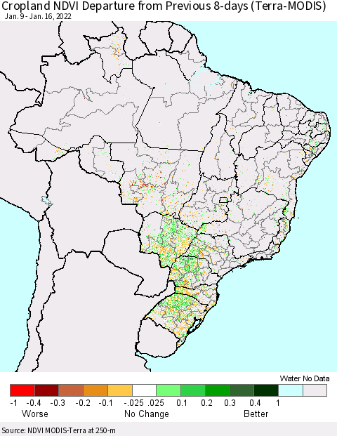 Brazil Cropland NDVI Departure from Previous 8-days (Terra-MODIS) Thematic Map For 1/9/2022 - 1/16/2022