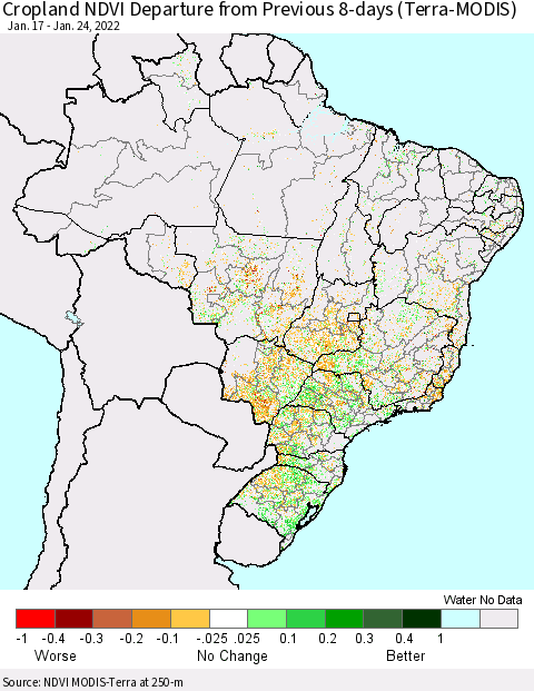 Brazil Cropland NDVI Departure from Previous 8-days (Terra-MODIS) Thematic Map For 1/17/2022 - 1/24/2022