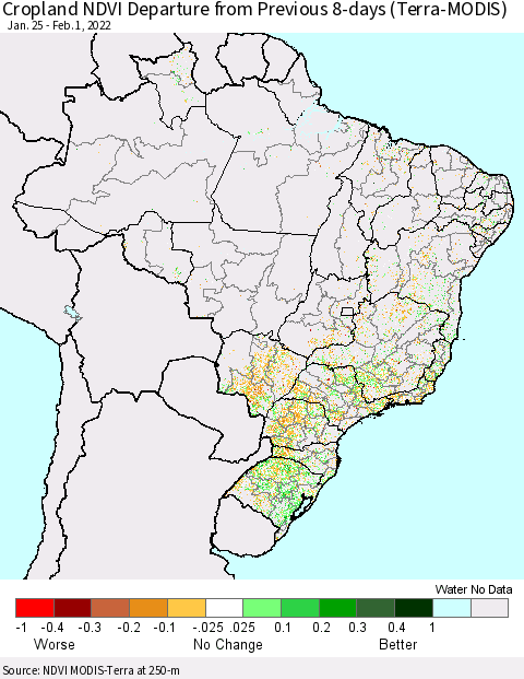 Brazil Cropland NDVI Departure from Previous 8-days (Terra-MODIS) Thematic Map For 1/25/2022 - 2/1/2022