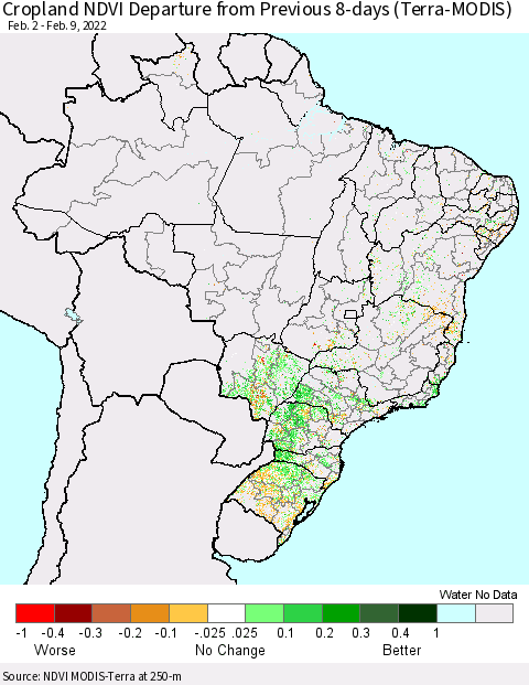 Brazil Cropland NDVI Departure from Previous 8-days (Terra-MODIS) Thematic Map For 2/2/2022 - 2/9/2022