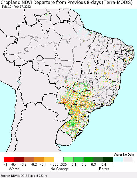 Brazil Cropland NDVI Departure from Previous 8-days (Terra-MODIS) Thematic Map For 2/10/2022 - 2/17/2022