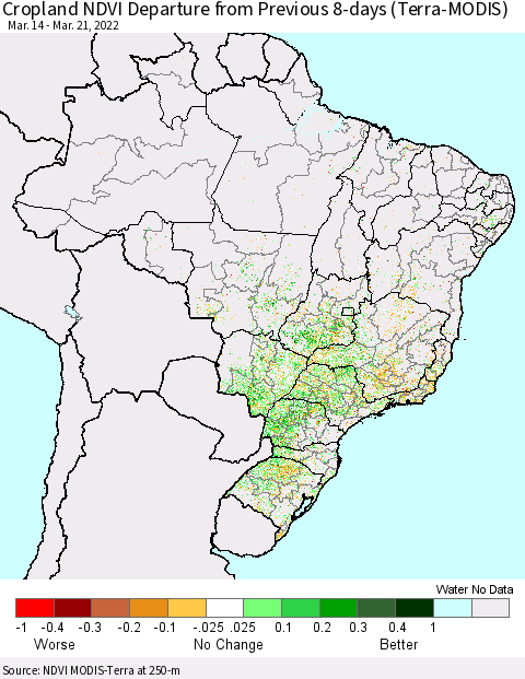 Brazil Cropland NDVI Departure from Previous 8-days (Terra-MODIS) Thematic Map For 3/14/2022 - 3/21/2022