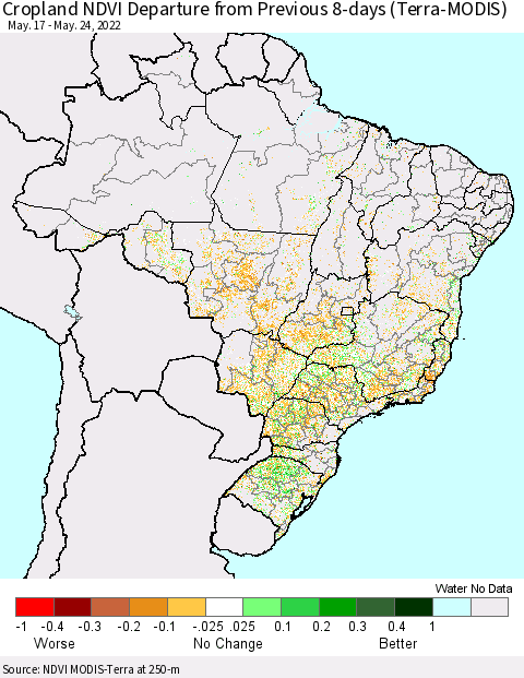 Brazil Cropland NDVI Departure from Previous 8-days (Terra-MODIS) Thematic Map For 5/17/2022 - 5/24/2022